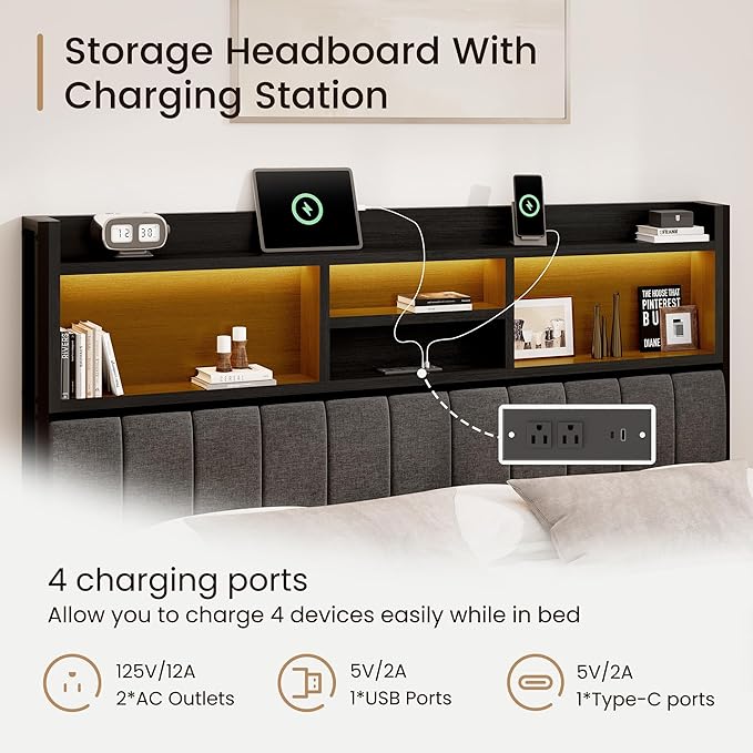 King Bed Frame with 6 Storage Drawers, Linen Upholstered Headboard, Built-in USB Charging Station & LED Lighting, Silent Metal Support, No Box Spring Needed, Vintage Black
