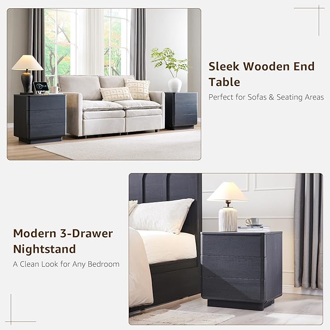 ACCOHOHO 22" Modern Nightstand Set of 2 with Charging Station, 3 Push-to-Open Drawers Bedside Table, Large End Table with Storage, Night Stand for Bedroom, Living Room, Curved Profile, Dark Black