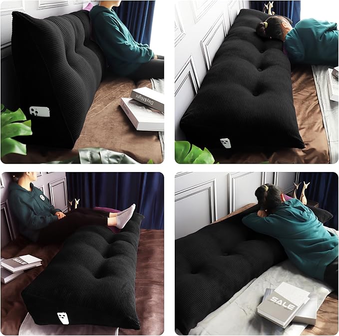 WOWMAX 100% Cotton Corduroy Headboard Pillow – Queen Size Back Support Reading Wedge for Bed & Daybed, Plush Handmade Bolster Cushion with Removable Cover, Cozy Bed Rest Pillow, Black