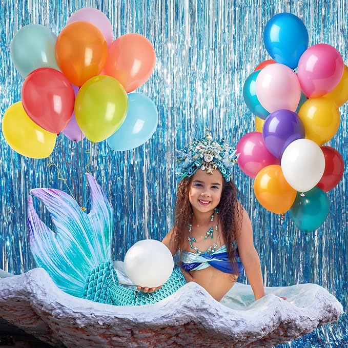 GOER 6.4 ft x 8.2 ft Metallic Tinsel Foil Fringe Curtains,Pack of 2 Party Streamer Backdrop for Birthday,Graduation Decorations and New Year Eve (Light Blue)