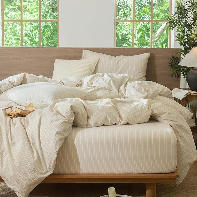 MooMee Striped Duvet Cover Set 100% Washed Cotton Linen Like Textured Breathable Durable Soft Comfy (Almond Milk Grey White Wide Stripes, Cal King 104"x98")