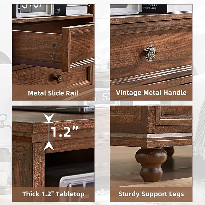 24" Wide Farmhouse Nightstand with Charging Station, End Table with 2 Drawers, Brown Wood Dresser for Bedroom Cabinet, Bed Side Table Chest of Drawers, Night Stand for Living Room, Closet