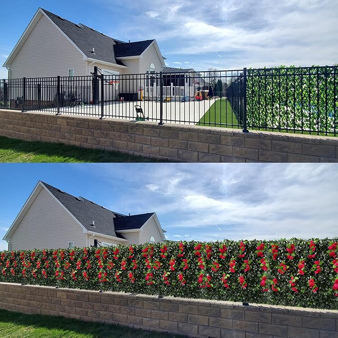 Sumery Expandable Fence Privacy Screen for Balcony Patio Outdoor,Decorative Faux Ivy Fencing Panel,Artificial Hedges (Single Sided Leaves) (1, Branches -Red Rose)