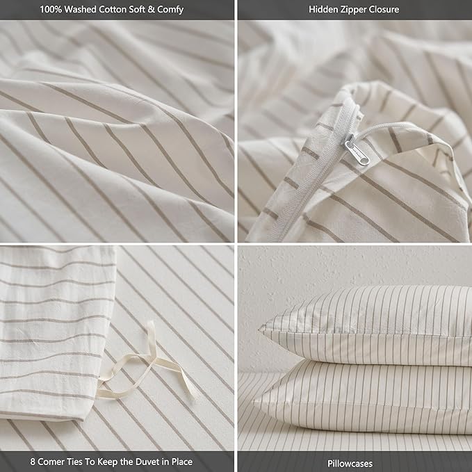 MooMee Striped Duvet Cover Set 100% Washed Cotton Linen Like Textured Breathable Durable Soft Comfy (White Tannish Linen Grey Wide Stripes, Oversized Queen 98"x98")