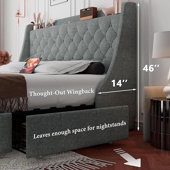 iPormis Full Size Bed Frame with 4 Storage Drawers, Upholstered Platform Bed Frame with Type-C & USB Ports, Wingback Storage Headboard, Solid Wood Slats, No Box Spring Needed, Light Gray
