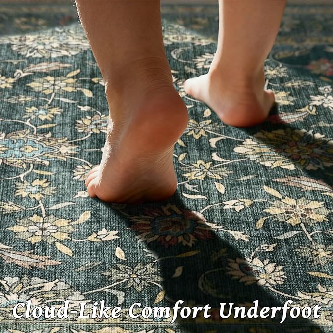 Washable 10x14 Area Rugs for Living Room, Boho Non-Slip Vintage Distress Large Rugs for Bedroom Dining Room Office, 0.3" Neutral Oriental Throw Thin Carpet, Sage Green/Blue/Multi
