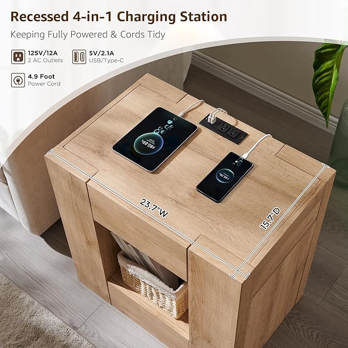 OKD 24'' Modern Nightstands Set of 2, Large Wooden End Table with Charging Station & Drawer & Storage Shelf, Rustic Square Bedside Table for Bedroom, Living Room, Wood Thick Design,Natural Oak