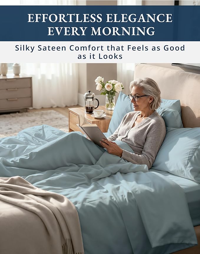 100% Egyptian Cotton Queen Size Sheet Set - 1000 Thread Count Silky Sateen Weave Naturally Breathable & Durable Winter Comfort, Hotel Soft Luxury Comfort with 15" Deep Pocket Queen Sheets -French Blue