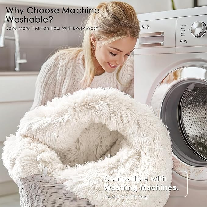 OLANLY Ivory Round Rugs for Bedroom - Machine Washable, 6 ft Circle Area Rugs for Living Room, Soft and Fluffy Shaggy Carpet for Teen Girls and Boys, Nursery Rooms, Dorms, Home Decor Aesthetic