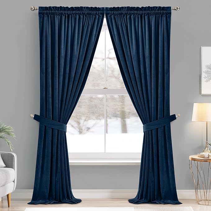 StangH Velvet Curtains 108 inches - Thermal Blackout Velvet Drapes Extra Long Tall Curtains for High Ceiling Holiday Backdrops for Parlor/Hall/Dining Room, Navy Blue, W52 x L108, 2 Panels
