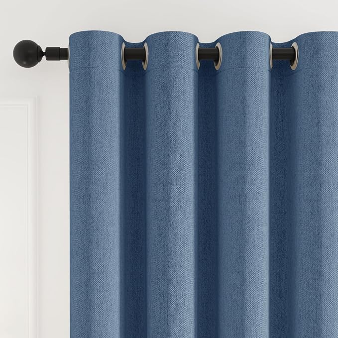 100% Blackout Curtains for Bedroom, Thermal Insulated Curtains 63 Inch Length Curtain 2 Panels, Soft Farmhouse Linen-Look Textured Full Light Blocking Room Darkening Drapes, W52xL63, Blue