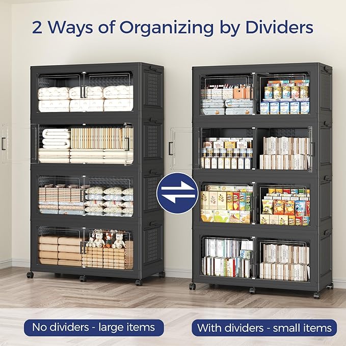 200GAL Storage Bins with Lid and Wheels, Stackable Closet Organizers and Storage Drawer, Collapsible Storage Box with Dividers, Foldable Plastic Cabinets for Room, Kitchen, 4 Pack Black