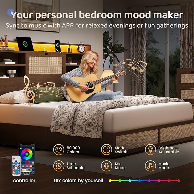 King Size Rattan Bed Frame with 4 Storage Drawers and Hidden Storage Headboard Wooden Platform Bed Frame with LED Lights and Charging Station, No Box Spring Needed, Easy Assembly, Brown