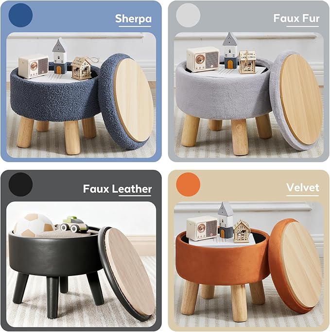 FIMIVIBI Small Foot Stool Ottoman with Storage, Velvet Ottoman Foot Rest for Couch, Round Footstool with Storage, Small Ottomans and Footstools for Living Room and Entryway (Orange)