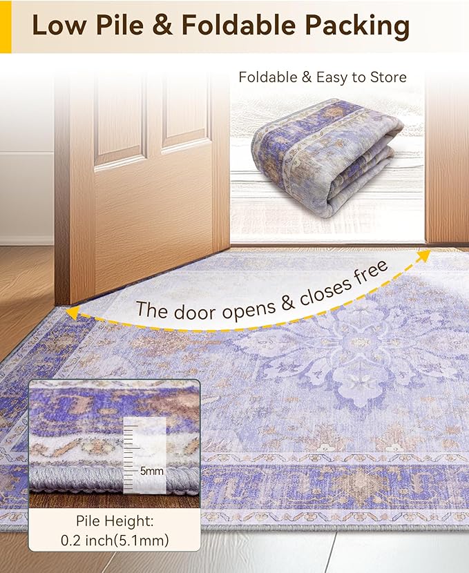 Area Rugs 2'x8' Washable Non-Slip, Floral Vintage Distress Print Pattern Medallion Carpet for Living Room Bedroom Dining Room, Light Purple Brown