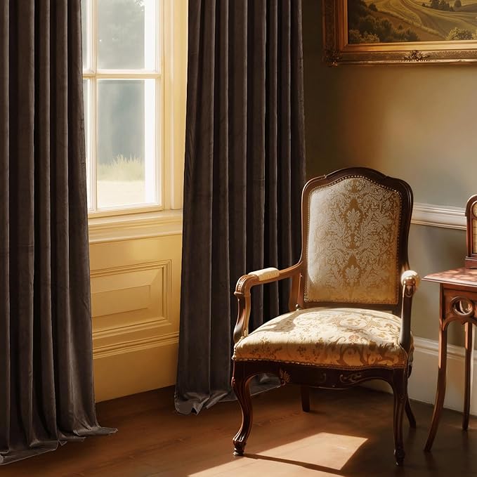 StangH 90 inch Length Brown Curtains Light Blocking Velvet Window Drapes for Dining Room, Farmhouse Rod Pocket Thermal Insulated Panels for Bedroom, W52 x L90, 2 Panels