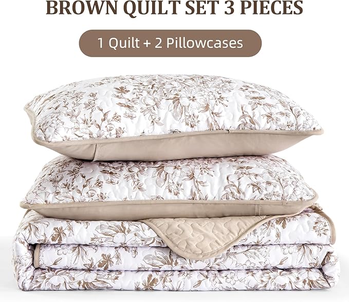 WONGS BEDDING King Size Quilt Set, Brown Quilt Bedding Set with 2 Pillowcases, Botanical Quilt for King Bed, Soft Microfiber Lightweight Coverlet Bedspread for All Season (110"×90", 3 Pieces)