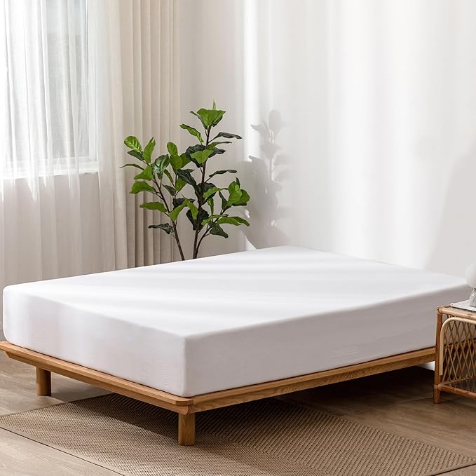 MooMee Fitted Bottom Sheet Only 100% Washed Cotton Linen Like Textured Breathable Durable Soft Comfy Deep Pocket Fits Mattress up to 17" (Bright White, California King)