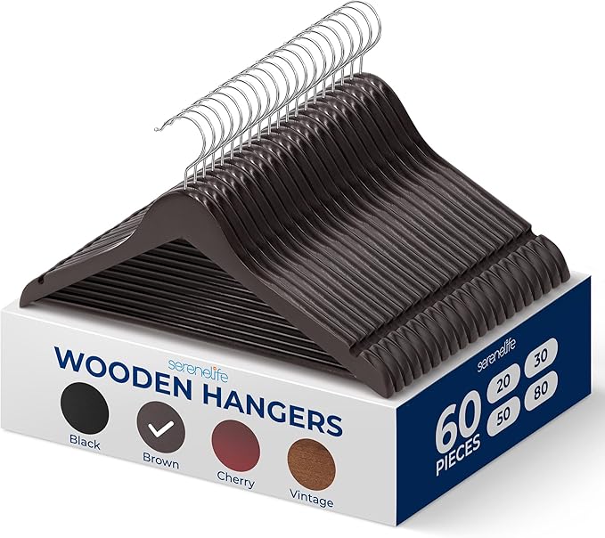 SereneLife 60 Pack Wooden Coat Hangers – Durable Suit Hangers with 360° Swivel Hook & Notches – Slim Design for Shirts, Jackets, Dresses, and More