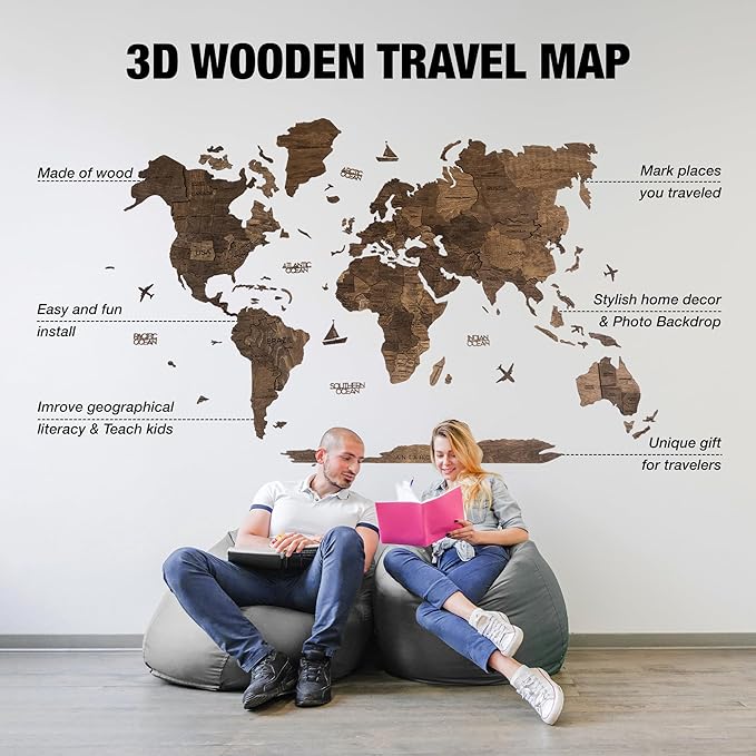 Handmade 3D Wood World Map Wall Art Large Wall Decor Track Your World Travels - Special for Home, Kitchen and Office (Walnut, Large)