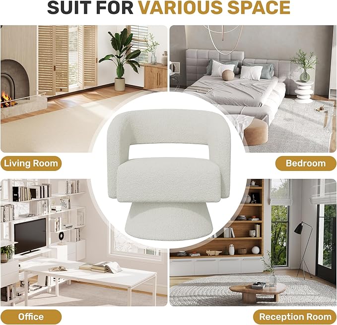 Swivel Accent Chair Set of 4, Modern Comfy Teddy Barrel Chairs, Oversized Upholstered Round Arm Chair for Living Room, Bedroom, Reading Room, White
