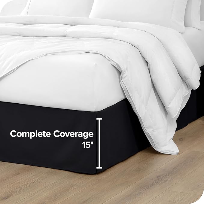 Bare Home Full Bed Skirt - 15-Inch Tailored Drop Easy Fit - Bed Skirt for Beds - Center & Corner Pleats (Full, Black)