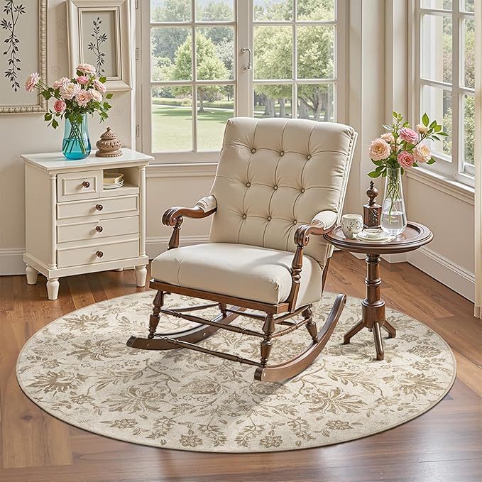 jinchan Torino Classic Floral Round Rug 4ft, Vintage-Inspired Neutral Design 4’Circle Rug, Machine Washable Ultra-Thin Low-Pile Non-Slip Indoor Carpet for Bedroom Living Room Entryway Taupe