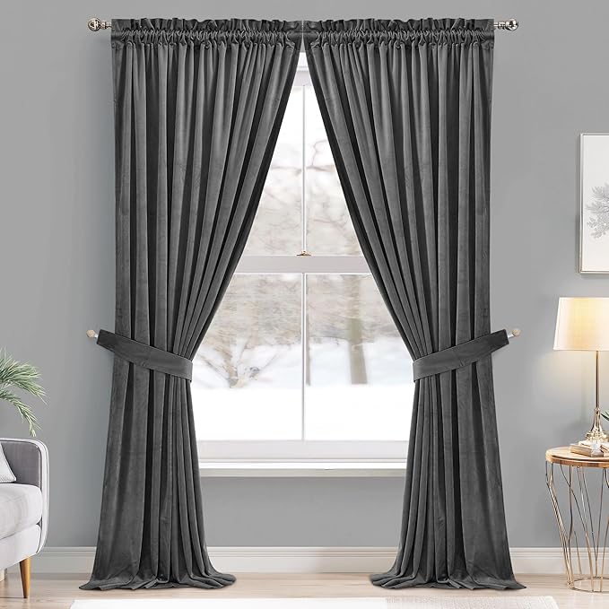 StangH Velvet Curtains 108 inches Long - Heavy-Duty Blackout Velvet Drapes Heat & Chill Resistant Window Panels for Villa/Patio Door, Grey, 52 by 108-inches, 2 Pcs