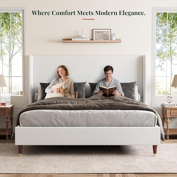 Jocisland Queen Upholstered Platform Bed Frame with 51.2" Tall Wingback Headboard–Solid Wood Legs, No Box Spring Needed, White Linen–Modern Style for Any Bedroom