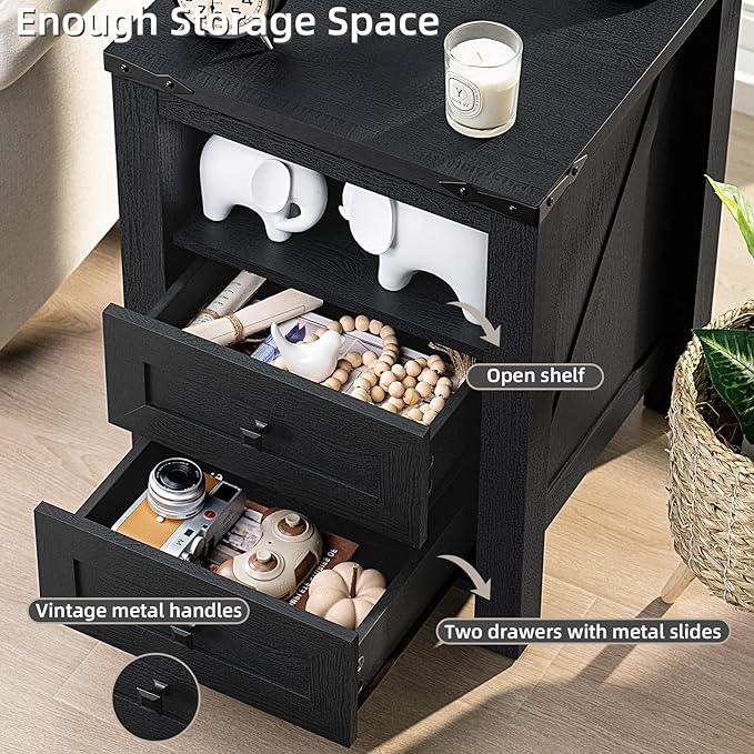 Joaxswe Night Stands with Charging Station Set of 2, Farmhouse Nightstand, Wooden Bedside End Tables with 2 Drawers and Open Shelf, Bed Side Table for Bedroom, Living Room, Closet, Office (Black)