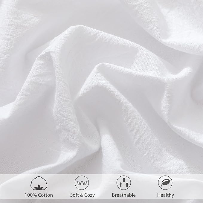 MooMee Fitted Bottom Sheet Only 100% Washed Cotton Linen Like Textured Breathable Durable Soft Comfy Deep Pocket Fits Mattress up to 17" (Bright White, California King)