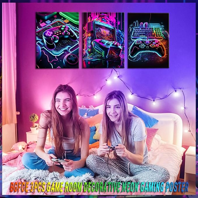 BGFCE Game Room Decor Set of 3 - Neon Gaming Accessories Theme Canvas Wall Art, Gamer Console Paintings Posters Picture Wall Decor for Children Youth Boys Bedroom 16x24in Framed