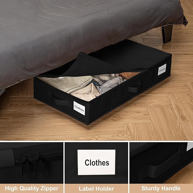 Under Bed Storage with Wheels, 2 Pack Under Bed Storage Containers with Label Holders for Clothes, Shoes and Blankets, Rolling Underbed Shoe Organizer with Cover, Black (30.71x15.7x7.28 in)