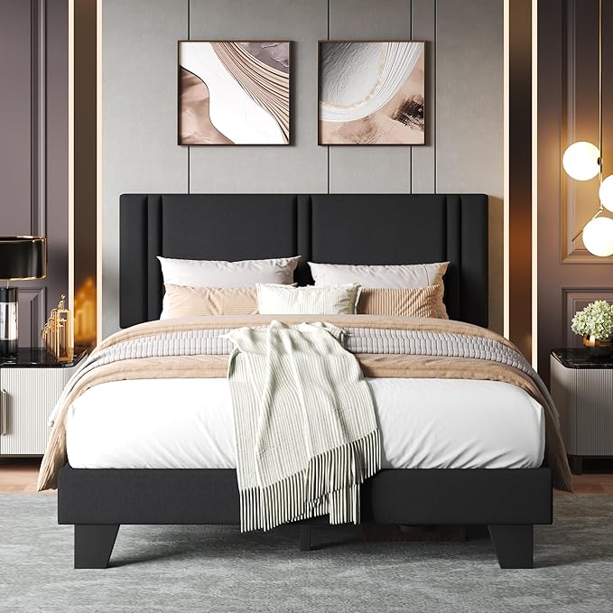 Upholstered Full Size Bed Frame with Linen Fabric Headboard, Strong Wooden Slats Support, Noise Free, No Box Spring Needed, Black