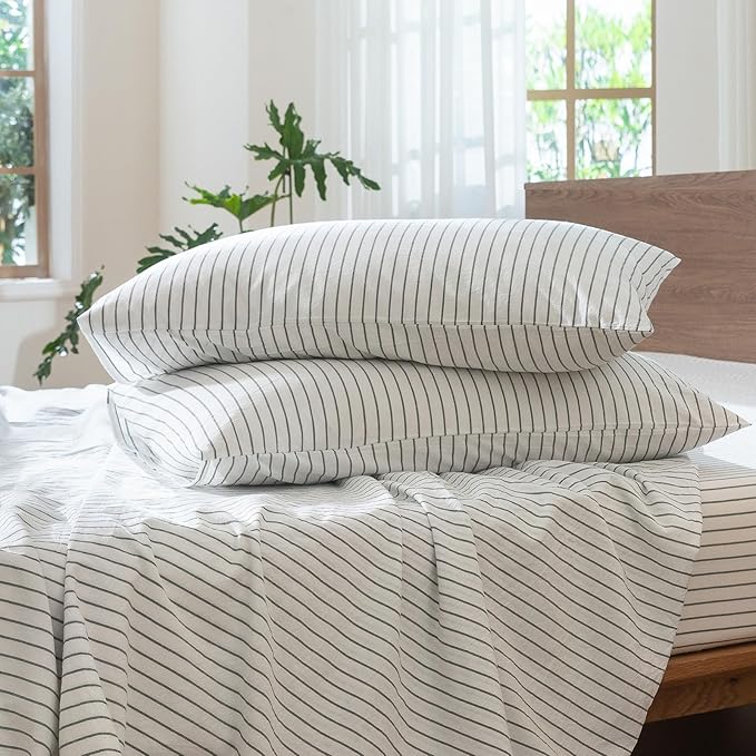 MooMee Striped Duvet Cover Set 100% Washed Cotton Linen Like Textured Breathable Durable Soft Comfy (White Heathered Green Wide Stripes, Super King 108"x98")