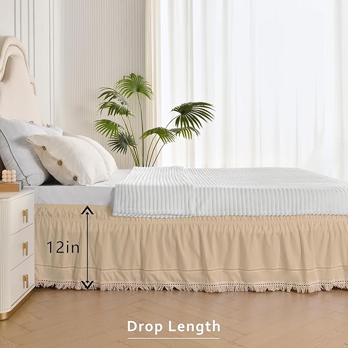 MIYE Wrap Around Ruffled Lace Bed Skirt, Elastic Dust Ruffle with Adjustable Belts, Easy to Put On, Bed Frame Cover, Machine Washable (Tassel Ruffle/Beige, King/Queen-12.5" Drop)