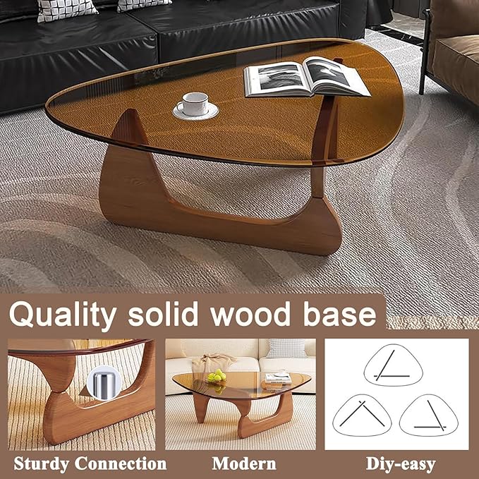 Modern Glass Coffee Table for Living Room, Mid Century Coffee Table, Small Coffee Tables, Suitable for Bedroom Living Room Reception Office Tables (Walnut/Brown, Medium 35.8 * 25.5 * 16in)