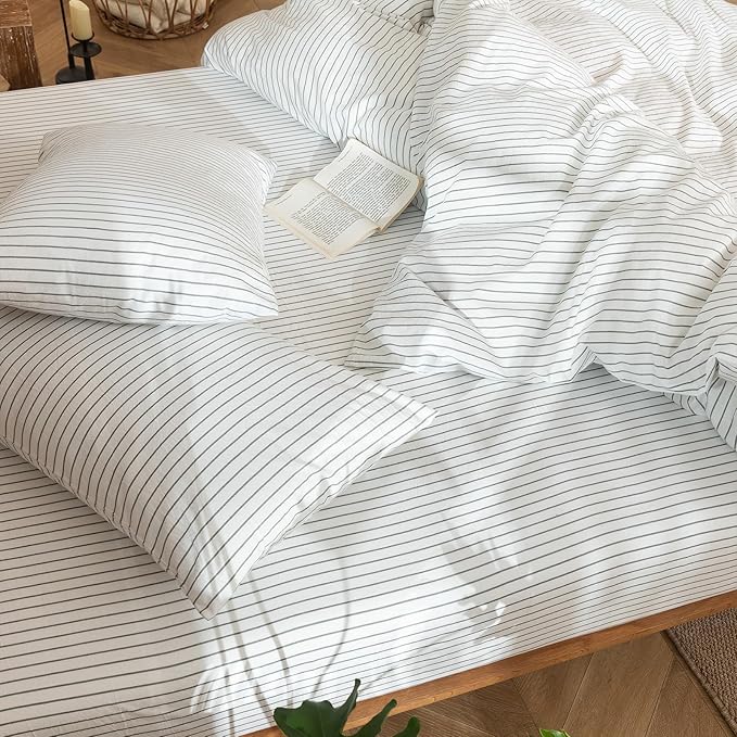 MooMee Striped Duvet Cover Set 100% Washed Cotton Linen Like Textured Breathable Durable Soft Comfy (White Heathered Green Wide Stripes, Alaska King 132"x120")