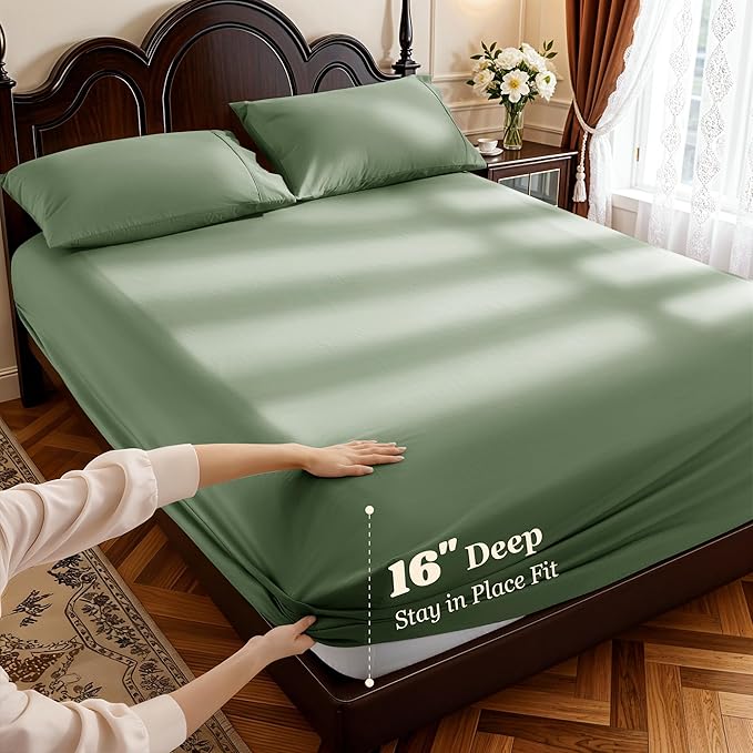 LBRO2M 1000 Thread Count 100% Egyptian Cotton Sheets Set Queen Size, 4 Piece Sets Bed Sheet Deep Pocket Sheet Set 16" Soft Comfortable All Season (Queen, Olive Green)