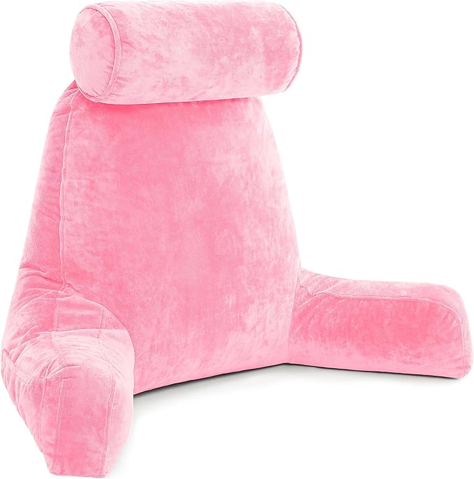 Husband Pillow XXL – Reading Pillow Bed Chair with Arms & Back Support – Pink - Back Pillow for Beds Sitting Up – Bed Rest Arm Pillow – Comfy Reading Pillow for Adults