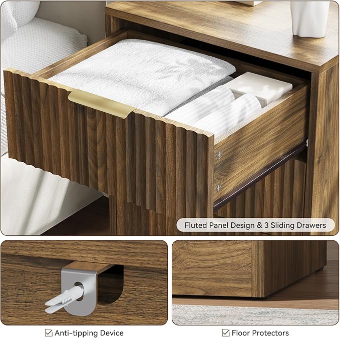 7 Drawer Dresser & Nightstand Set, 3-Piece Fluted Bedroom Dresser and Night Stand Set of 2 with Metal Handle, Modern Wood Chest of Drawers Storage Dressers Set for Bedroom, Walnut