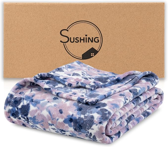 Luxury Printed Fleece Warm Blanket, Soft Lightweight Velvety Plush Throw for Couch and Bed, Cozy Comfy for All Seasons(White Purple Flowers, 70×90 Inches)