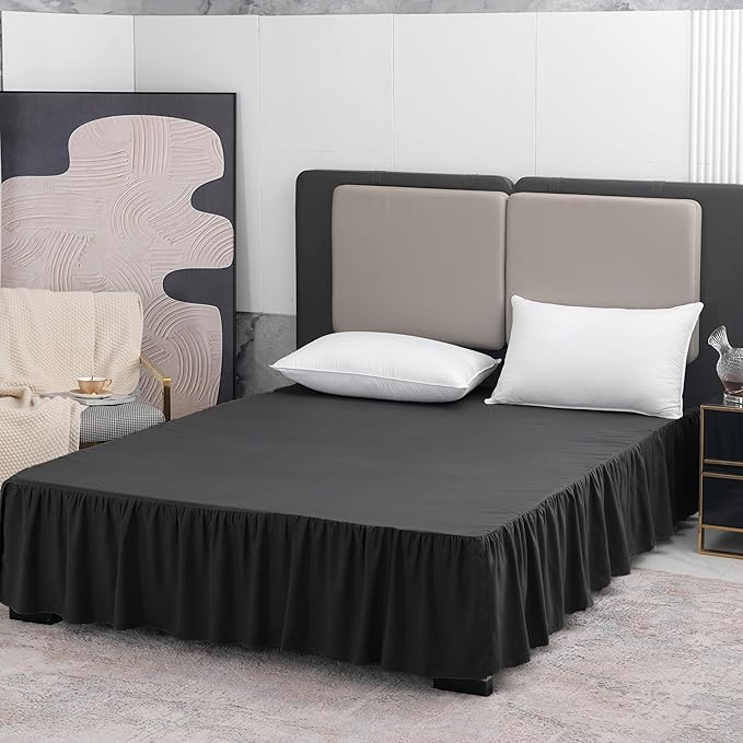 TSUTOMI Black Bed Skirt King Size Ruffled Bed Skirt with Split Corners, King Bed Skirt 12 Inch Drop, King Size Bed Skirt Black for Ruffled Bed Skirt with Split Corners, Bed Skirt King Size