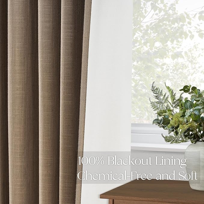 Topfinel 100 Inch Long Black Out Burlap Custom Curtains, Taupe Greige Tweed Pleated Window Coverings, Pinch Pleated Boho Farmhouse Heat Sound Block Back Tab Curtains for Sliding Door Bay Window