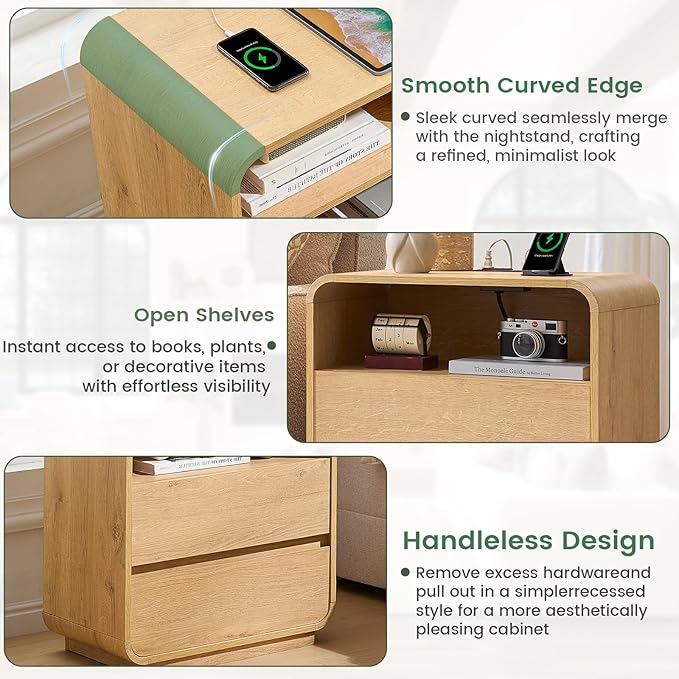 Modern Curved Night Stand, 25" Tall Wood Bedside Table with Charging Station, 2 Storage Drawers Side Table, Large End Table Nightstand for Bedroom, Living Room Office, Sofa, Natural