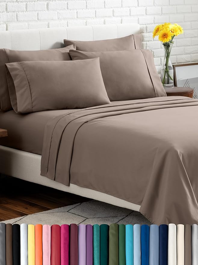 Bare Home Hotel Luxury Full XL Sheet Set, Extra Soft - 6 Piece Set - Deep Pockets - Easy Fit - Cooling & Breathable - Wrinkle, Fade, Stain Resistant - Includes 4 Pillowcases (Full XL, Taupe)