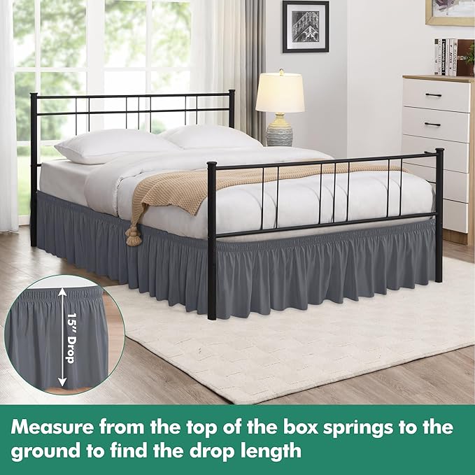 Biscaynebay Wrap Around Bed Skirts with Split Corners for Queen Beds 15" Drop, Dark Grey Adjustable Elastic Dust Ruffles Easy Fit Wrinkle Resistant Silky Luxurious Fabric Machine Washable