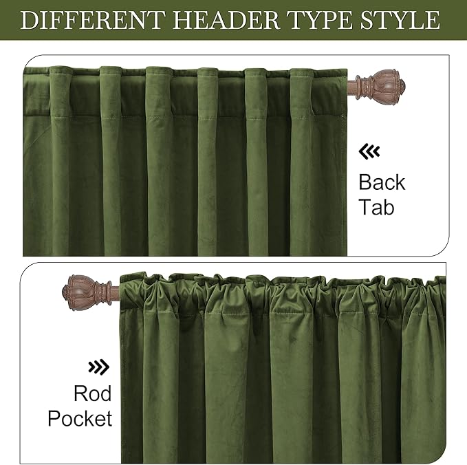RYB Home Olive Green Velvet Curtains 84 inches 2 Panel Set - Heavy Duty Back Tab Decorative Window Drapes Privacy Room Darkening Covering for Living Room Bedroom, 52 inch x 84 inches