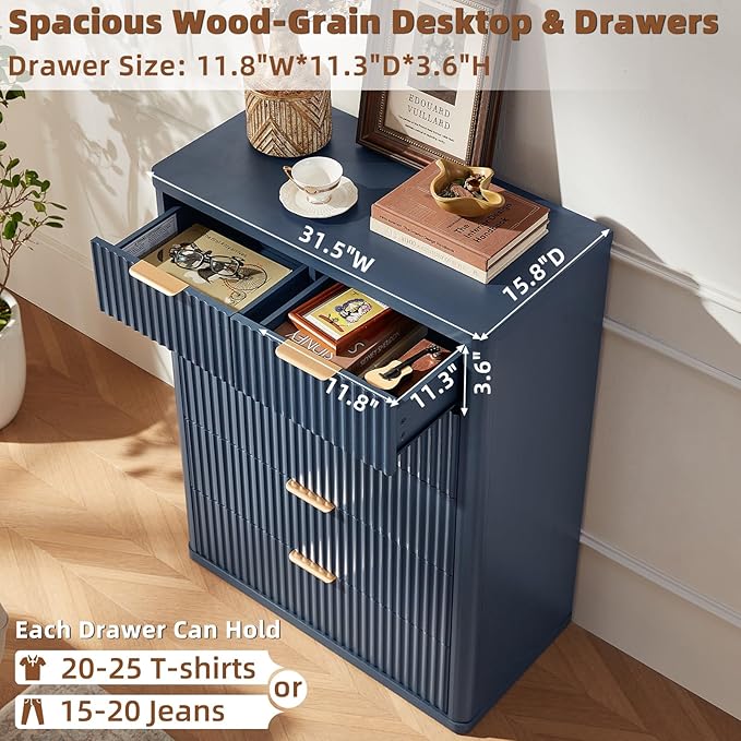 LEYAOYAO Fluted Dressers & Nightstand Set of 4, Wood 48" Wide Dresser & 42" Tall Chest of Drawers,Modern Bedroom Furniture Sets,Navy Blue Wooden Nightstand Set of 2 with 3 Drawers & Charging Station