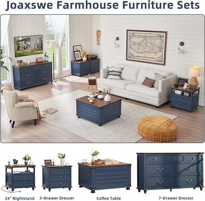 24" Wide Farmhouse Nightstand Set of 2, 54" 7 Drawers Dresser, 45" Tall Rustic Chests of 5 Drawers w/ 4 Solid Wood Feet, Farmhouse Furniture Series for Living Room,Bedroom,DarkBlue